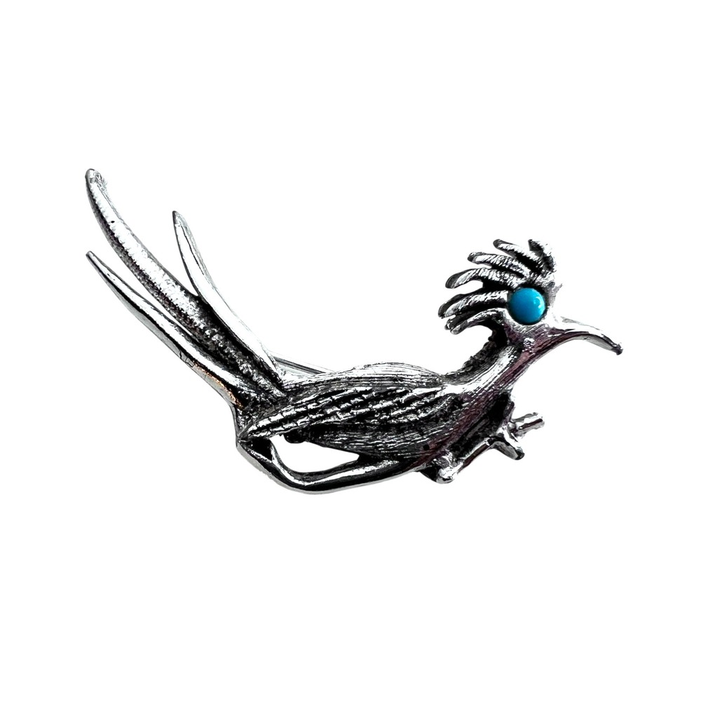 Vintage Silver Tone Roadrunner Bird Brooch Blue Cabochon Eye Southwest Pin